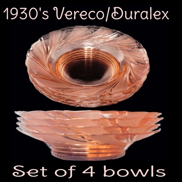 Vintage 1930's Vereco duralex France pink swirl shallow bowls set of 4 - Picture 1 of 7